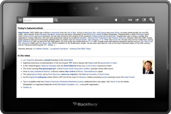 Скриншот официального приложения для чтения Википедии через BlackBerry PlayBook